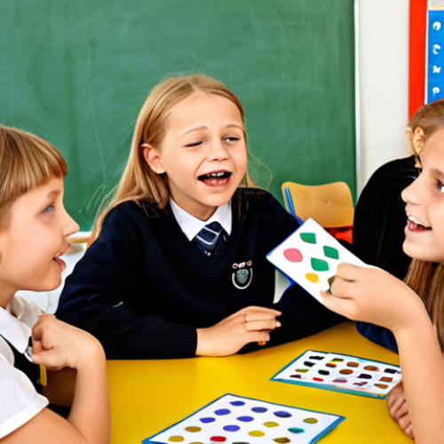 Home 11 A diverse group of German schoolchildren participating in a "Gefühlsbarometer" (mood check-in) activity in their classroom. The teacher is facilitating the discussion, and the children are using visual aids like emoticons or colored cards to express their feelings. The classroom environment is bright and supportive, with posters promoting emotional intelligence and peaceful conflict resolution.