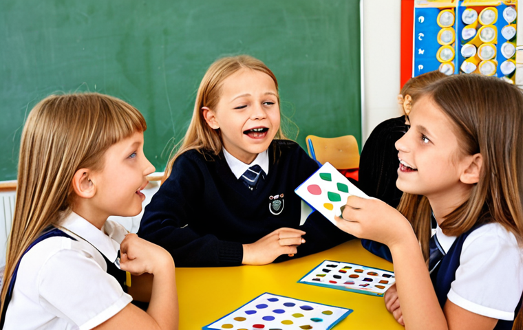 A diverse group of German schoolchildren participating in a "Gefühlsbarometer" (mood check-in) activity in their classroom. The teacher is facilitating the discussion, and the children are using visual aids like emoticons or colored cards to express their feelings. The classroom environment is bright and supportive, with posters promoting emotional intelligence and peaceful conflict resolution.
