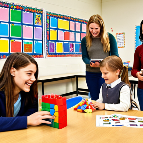 Home 6 **
A brightly lit classroom scene. Children are working in small groups, some using tablets, others with colorful building blocks. The teacher is kneeling beside a child, offering encouragement. On the walls are posters promoting teamwork, creative problem-solving, and a diverse display of children's artwork. Emphasize a warm, supportive atmosphere with natural light and smiling faces. The overall style should be realistic but slightly idealized, reflecting a positive educational environment.
**