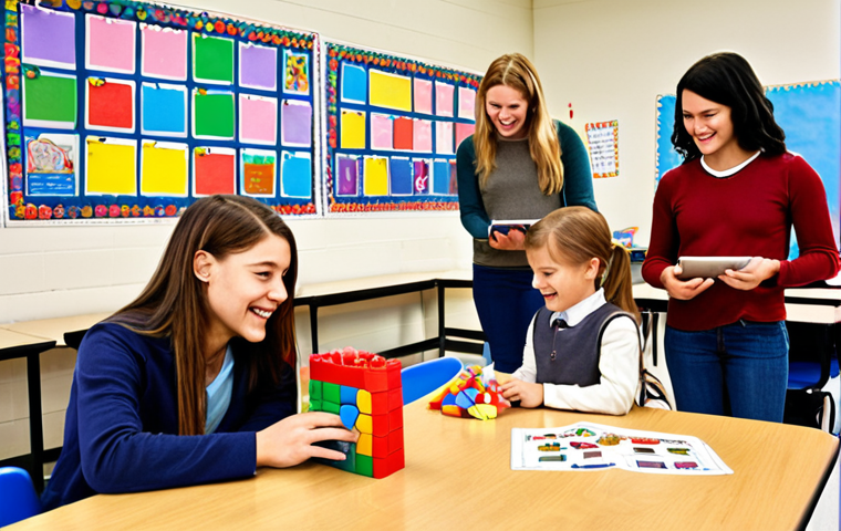 **
A brightly lit classroom scene. Children are working in small groups, some using tablets, others with colorful building blocks. The teacher is kneeling beside a child, offering encouragement. On the walls are posters promoting teamwork, creative problem-solving, and a diverse display of children's artwork. Emphasize a warm, supportive atmosphere with natural light and smiling faces. The overall style should be realistic but slightly idealized, reflecting a positive educational environment.
**