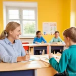 전인적 교육 접근을 위한 학부모 참여 전략 - **A heartwarming scene depicting a strong educational partnership between parents and teachers in a ...
