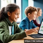 전인적 교육 접근에서의 적응형 학습 전략 - A modern classroom scene in Germany with diverse students using adaptive learning tablets and laptop...