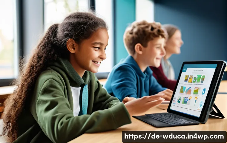 전인적 교육 접근에서의 적응형 학습 전략 - A modern classroom scene in Germany with diverse students using adaptive learning tablets and laptop...