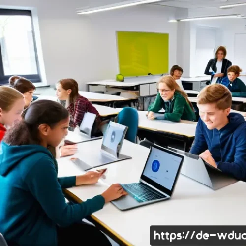 전인적 교육 접근과 교육 기술의 발전 - A modern German classroom scene showing diverse students aged around 15 to 18 engaging with adaptive...