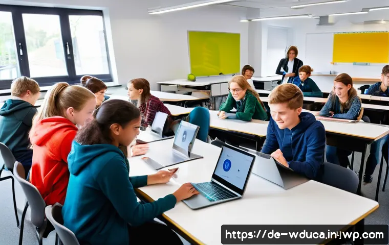 전인적 교육 접근과 교육 기술의 발전 - A modern German classroom scene showing diverse students aged around 15 to 18 engaging with adaptive...