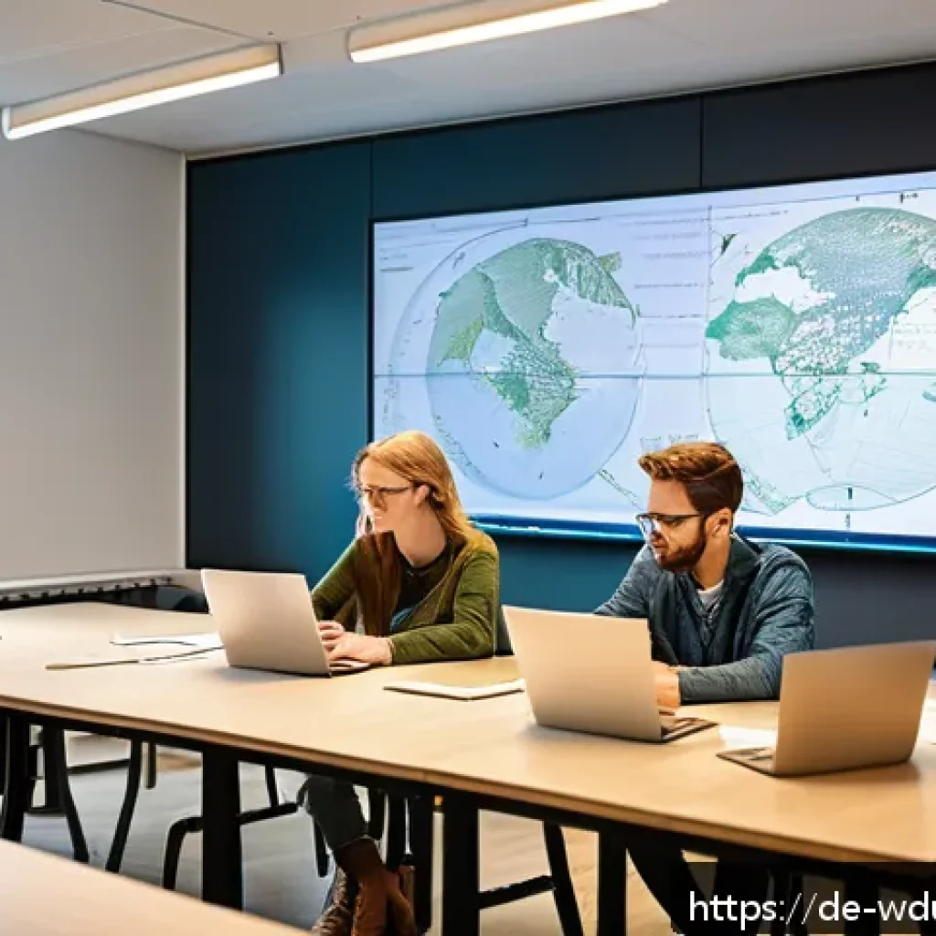전인적 교육 접근과 다학문적 교육의 융합 - A vibrant classroom scene in a modern German university, showing a diverse group of students and a p...