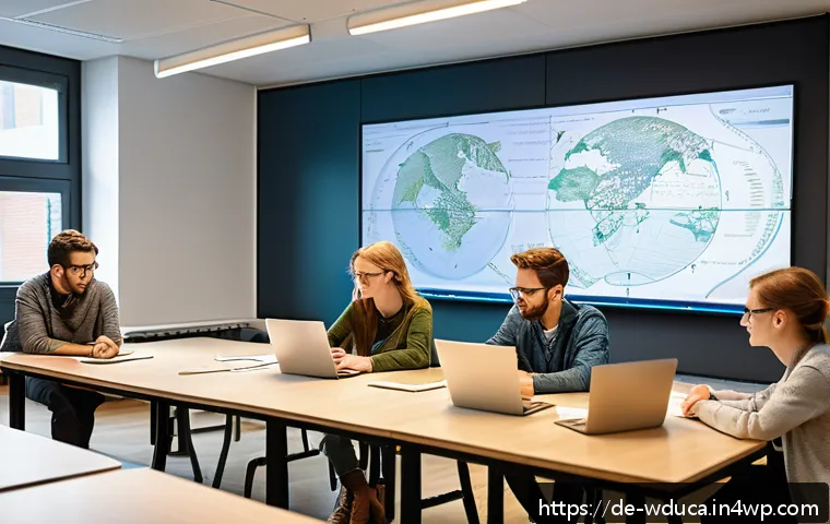 전인적 교육 접근과 다학문적 교육의 융합 - A vibrant classroom scene in a modern German university, showing a diverse group of students and a p...