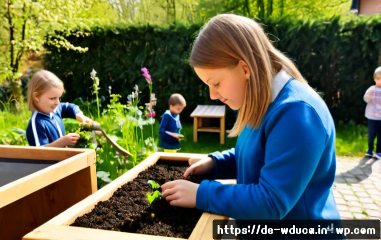 Home 17 전인적 교육 접근과 환경 교육의 통합 - Photorealistic German primary school classroom opening onto a thriving community garden, diverse chi...